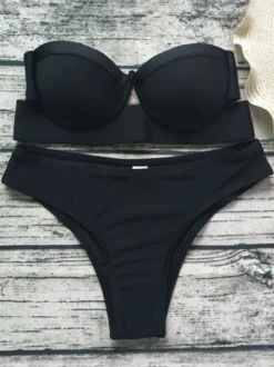 Maillot de Bain Bikini Ensembles 2 Pièces Femme Eté Taille Haute sans Bretelles à Col Décolleté avec Dos Nu Unicolore Sexy