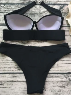 Maillot de Bain Bikini Ensembles 2 Pièces Femme Eté Taille Haute sans Bretelles à Col Décolleté avec Dos Nu Unicolore Sexy