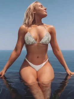 Maillot de Bain Bikini Ensembles 2 Pièces Femme Vernis Eté Taille Haute avec Bretelles à Col Décolleté en V avec Dos Nu Cousu Bicolores Sexy