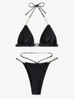 Maillot de bain bikini noir à lacets pour femme idéal pour l'été à la plage.