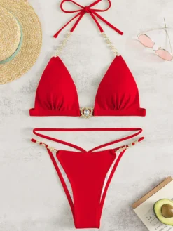 Maillot de bain bikini noir à lacets pour femme idéal pour l'été à la plage.