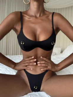 Maillot de bain bikini noir pour femme ensemble sexy d'été avec soutien-gorge dos nageur