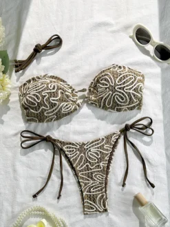 Maillot de bain deux pièces bikini vintage en dentelle ondulée à bretelles et liens sur les côtés