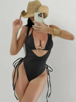 Maillot de bain deux pièces sexy pour femme - Haut de bikini dos nu à anneaux sur le devant monokini froncé sur les côtés - Été Plage 2026