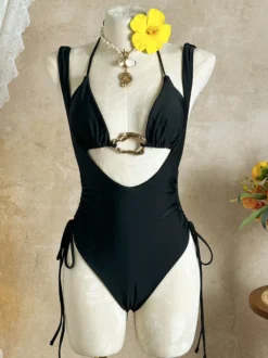 Maillot de bain deux pièces sexy pour femme - Haut de bikini dos nu à anneaux sur le devant monokini froncé sur les côtés - Été Plage 2026