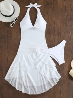 Maillot de bain deux pièces sexy asymétrique pour femme - Robe de bain dos nu en résille à volants avec bas de bikini - Idéal pour les pool parties d'été 2026