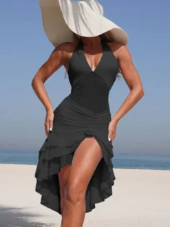 Maillot de bain deux pièces sexy asymétrique pour femme - Robe de bain dos nu en résille à volants avec bas de bikini - Idéal pour les pool parties d'été 2026
