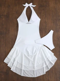 Maillot de bain deux pièces sexy asymétrique pour femme - Robe de bain dos nu en résille à volants avec bas de bikini - Idéal pour les pool parties d'été 2026