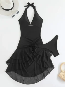 Maillot de bain deux pièces sexy asymétrique pour femme - Robe de bain dos nu en résille à volants avec bas de bikini - Idéal pour les pool parties d'été 2026