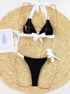 Maillot De Bain Femmes Bikini Noir Noué Irrégulière Taille Haute Été Sexy À Lacet