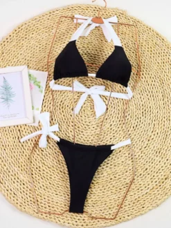 Maillot De Bain Femmes Bikini Noir Noué Irrégulière Taille Haute Été Sexy À Lacet