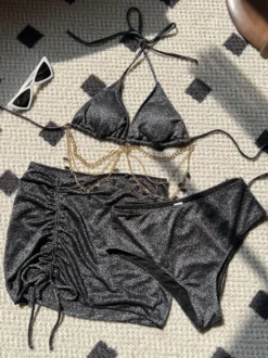 Maillot de bain 3 pièces bikini et mini-jupe à strass scintillants pour l'été 2026