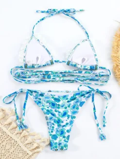 Maillot de bain 2 pièces bikini string à volants en dentelle imprimé bohème pour l'été 2026