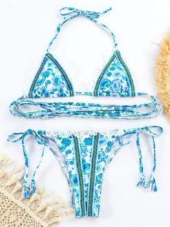 Maillot de bain 2 pièces bikini string à volants en dentelle imprimé bohème pour l'été 2026