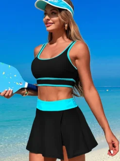 Maillot de bain 2 pièces à contraste de couleurs avec jupe de sport de plage pour femme 2026