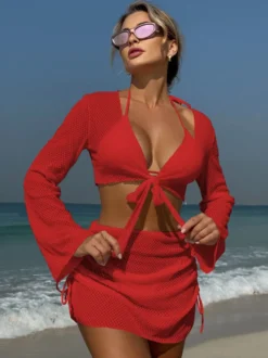Maillot de bain 4 pièces uni avec bikini dos nu et cache-maillot pour l'été 2026