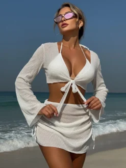 Maillot de bain 4 pièces uni avec bikini dos nu et cache-maillot pour l'été 2026