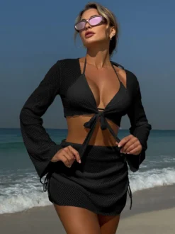 Maillot de bain 4 pièces uni avec bikini dos nu et cache-maillot pour l'été 2026