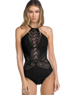 Maillot De Bain Une Pièce Femme Dentelle Noire Col Rond Dos Nu Été Plage Maillots De Bain