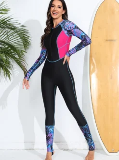 Maillot de bain une pièce à fermeture éclair sur le devant patchwork floral coloré protection anti-UV.