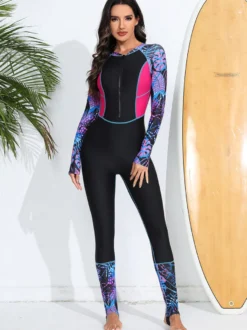 Maillot de bain une pièce à fermeture éclair sur le devant patchwork floral coloré protection anti-UV.