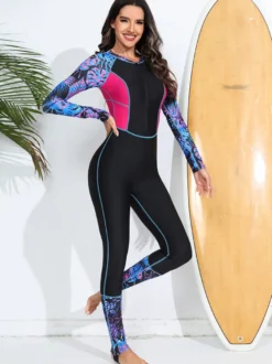 Maillot de bain une pièce à fermeture éclair sur le devant patchwork floral coloré protection anti-UV.