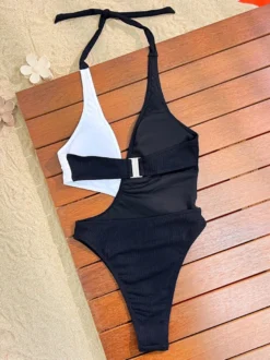 Maillot de bain une pièce pour femme noir bicolore décolleté dos nu sexy