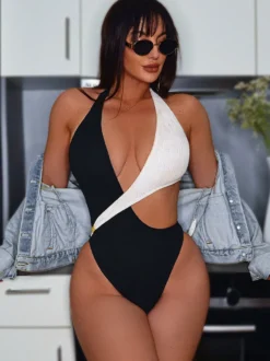 Maillot de bain une pièce pour femme noir bicolore décolleté dos nu sexy