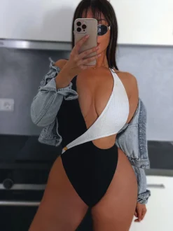 Maillot de bain une pièce pour femme noir bicolore décolleté dos nu sexy