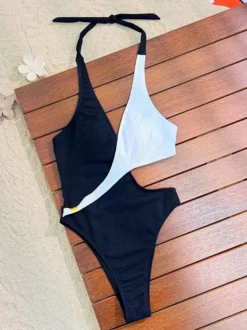 Maillot de bain une pièce pour femme noir bicolore décolleté dos nu sexy