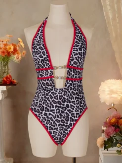 Maillot de bain une pièce sexy imprimé léopard pour femme - Décolleté plongeant en V orné de perles - Monokini échancré - Été 2026
