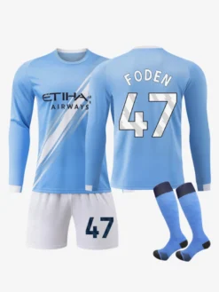 Maillot de football domicile bleu à manches longues 3 pièces 25/26 n° 9 Haaland n° 47 Foden
