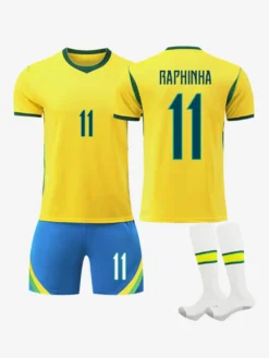 Maillot de Foot Brésil Domicile 2026 Raphinha 11 Vini Jr 7 Ensemble 3 Pièces avec Short Adultes et Enfants, Kit Supporter Jaune