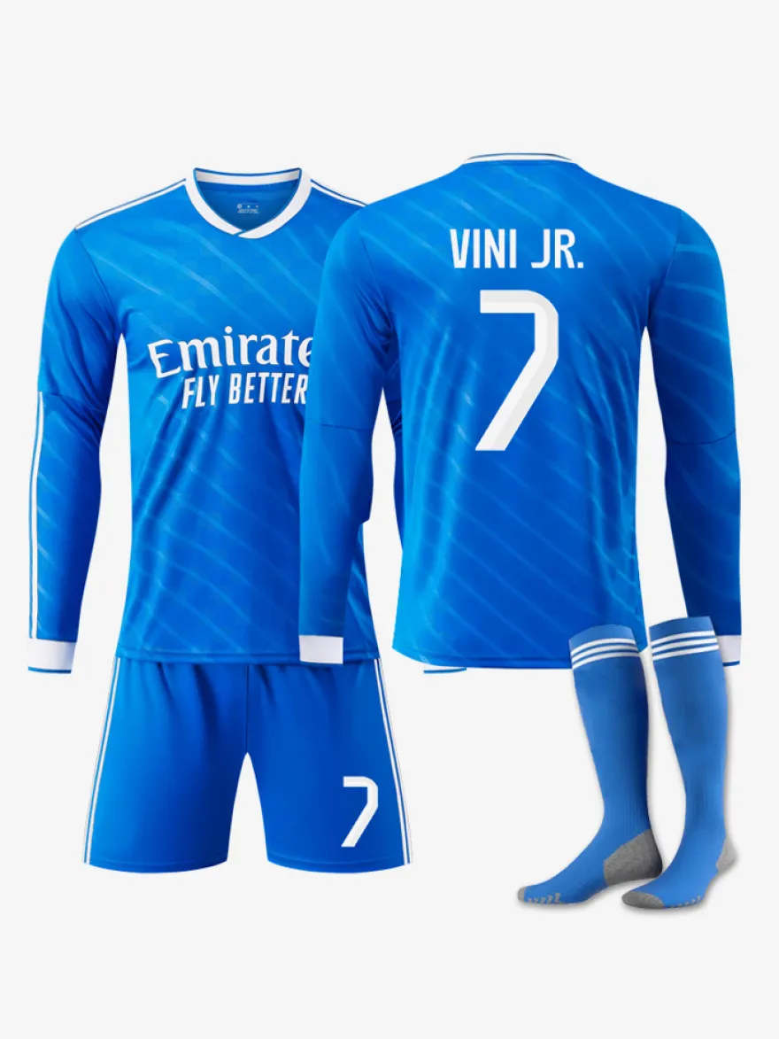 Maillot de sport à manches longues bleu pour adultes et enfants numéro 10 Mbappé numéro 7 Vini.JR Football Club extérieur 25/26