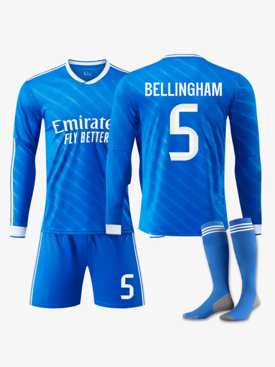 Maillot de sport à manches longues bleu pour adultes et enfants numéro 10 Mbappé numéro 7 Vini.JR Football Club extérieur 25/26
