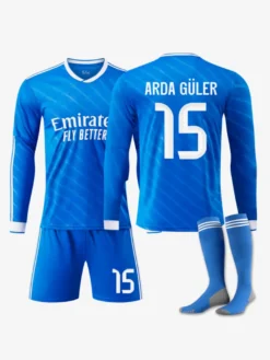 Maillot de sport à manches longues bleu pour adultes et enfants numéro 10 Mbappé numéro 7 Vini.JR Football Club extérieur 25/26