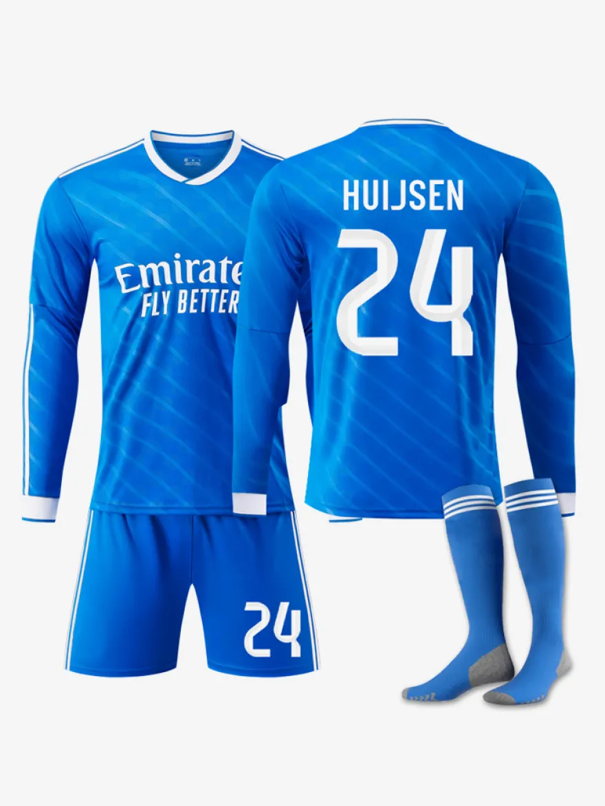Maillot de sport à manches longues bleu pour adultes et enfants numéro 10 Mbappé numéro 7 Vini.JR Football Club extérieur 25/26
