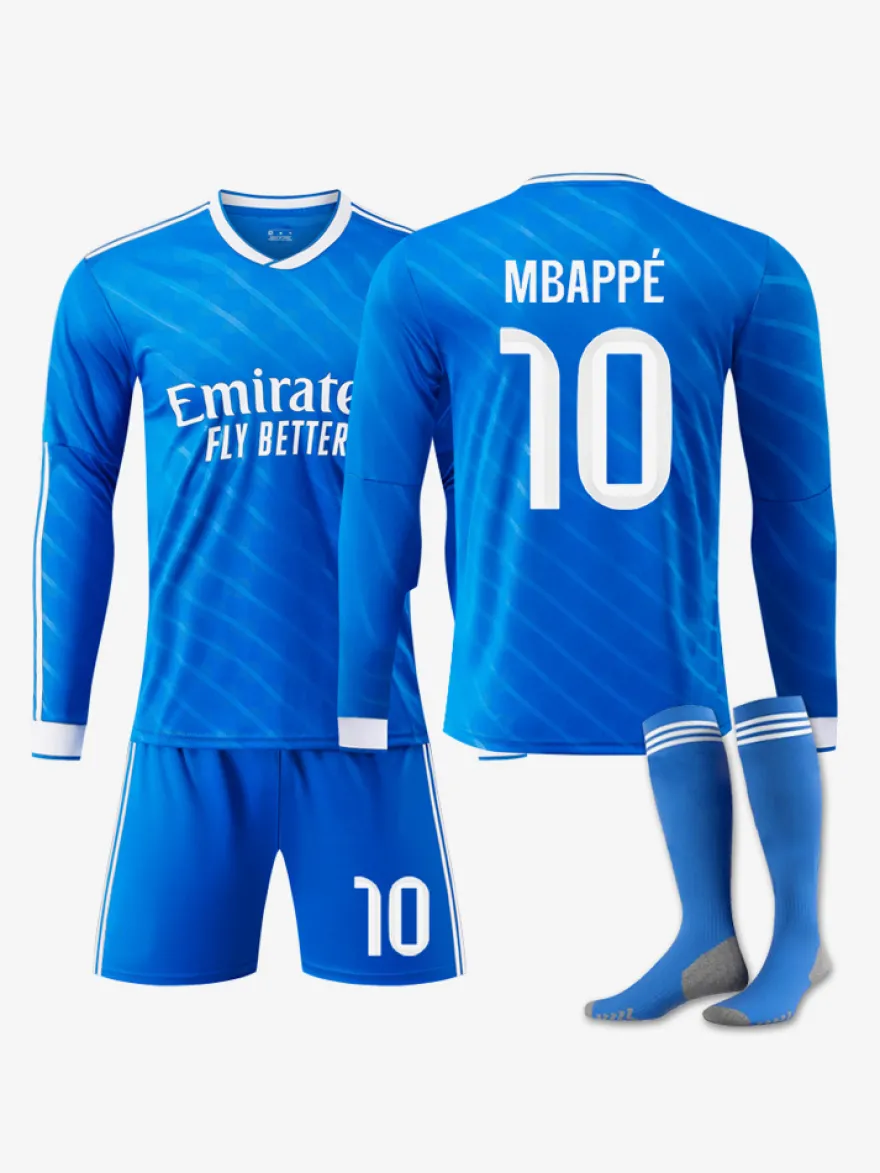 Maillot de sport à manches longues bleu pour adultes et enfants numéro 10 Mbappé numéro 7 Vini.JR Football Club extérieur 25/26