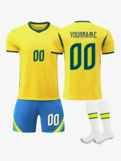 Maillot domicile Brésil 2026 personnalisé jaune à manches courtes kit de football 3 pièces