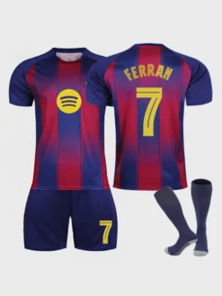 Maillot domicile du club de football FERRAN n° 7 manches courtes rayé tenue de sport 3 pièces pour adultes et enfants (saison 25/26).