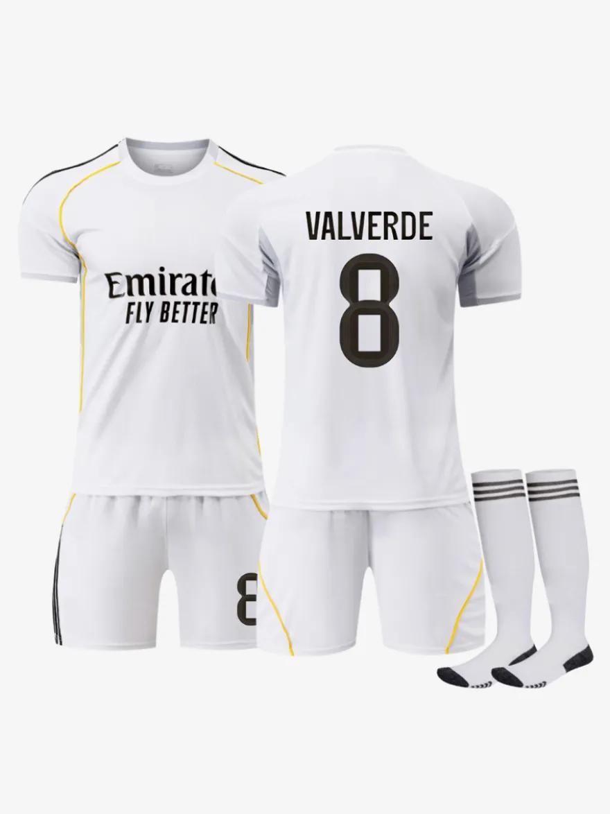 25/26 Maillot Domicile du Club de Football No.1 Courtois No.7 VINI JR No.9 Mbappé No.8 Valverde No.10 Modrić Ensemble 3 Pièces