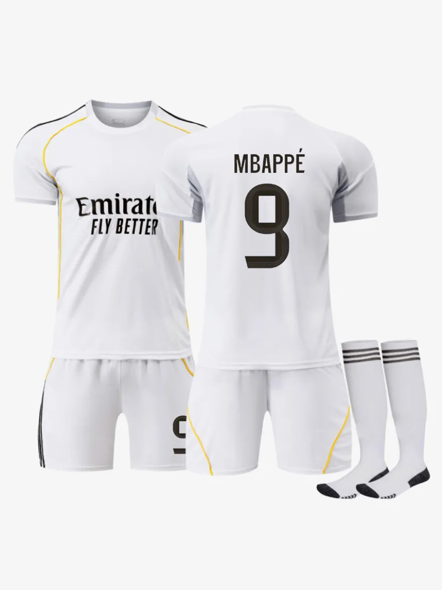 25/26 Maillot Domicile du Club de Football No.1 Courtois No.7 VINI JR No.9 Mbappé No.8 Valverde No.10 Modrić Ensemble 3 Pièces