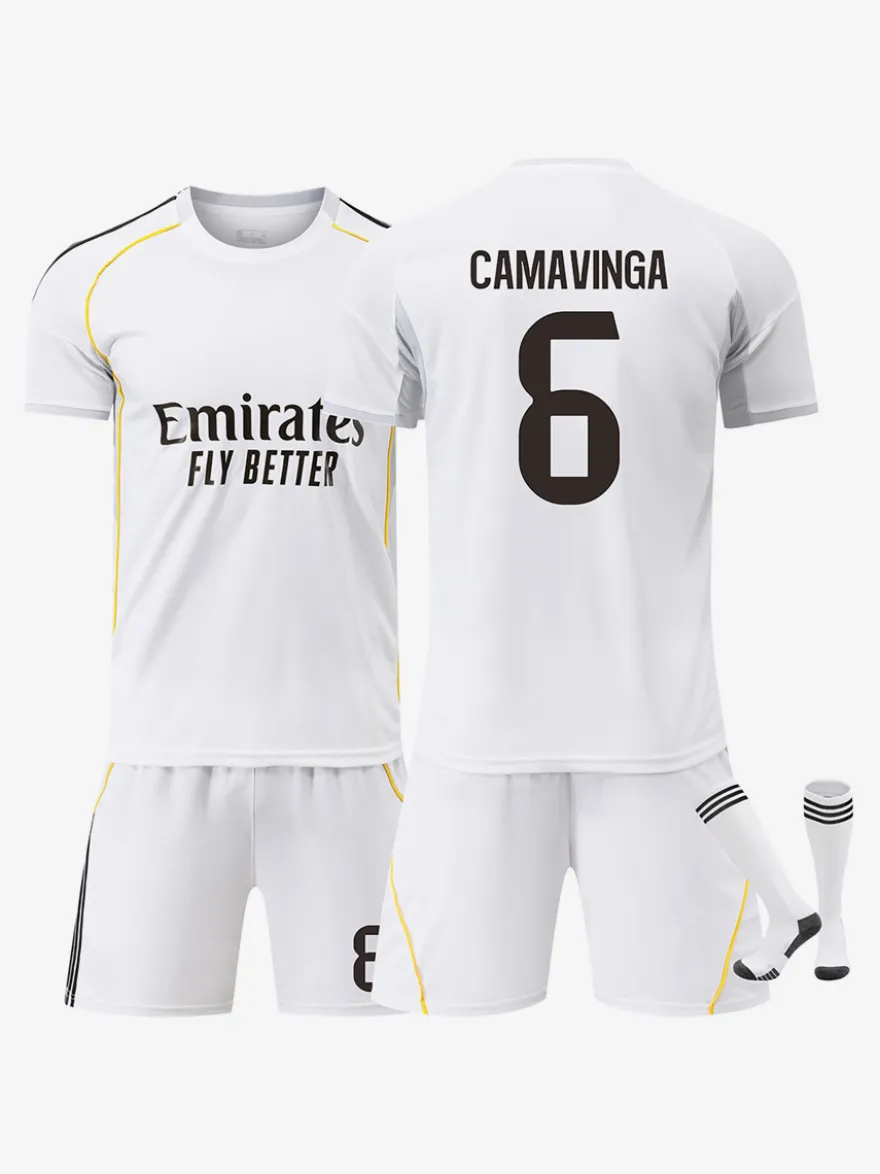 25/26 Maillot Domicile du Club de Football No.1 Courtois No.7 VINI JR No.9 Mbappé No.8 Valverde No.10 Modrić Ensemble 3 Pièces