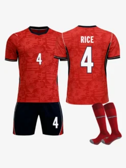 Maillot extérieur rouge 3 pièces de l'équipe d'Angleterre 2026 (n° 9 Kane n° 4 Rice) pour adultes et enfants.