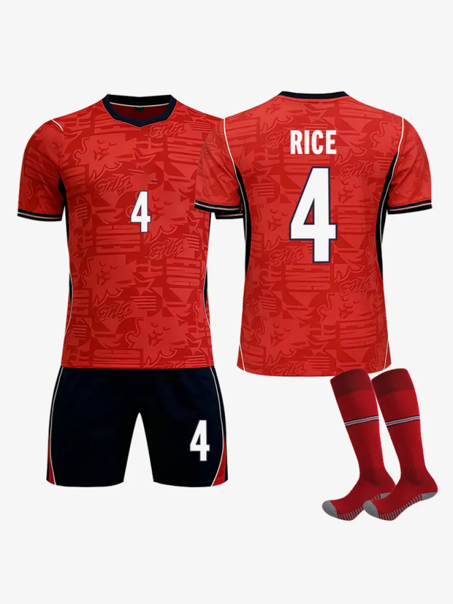 Maillot extérieur rouge 3 pièces de l'équipe d'Angleterre 2026 (n° 9 Kane n° 4 Rice) pour adultes et enfants.