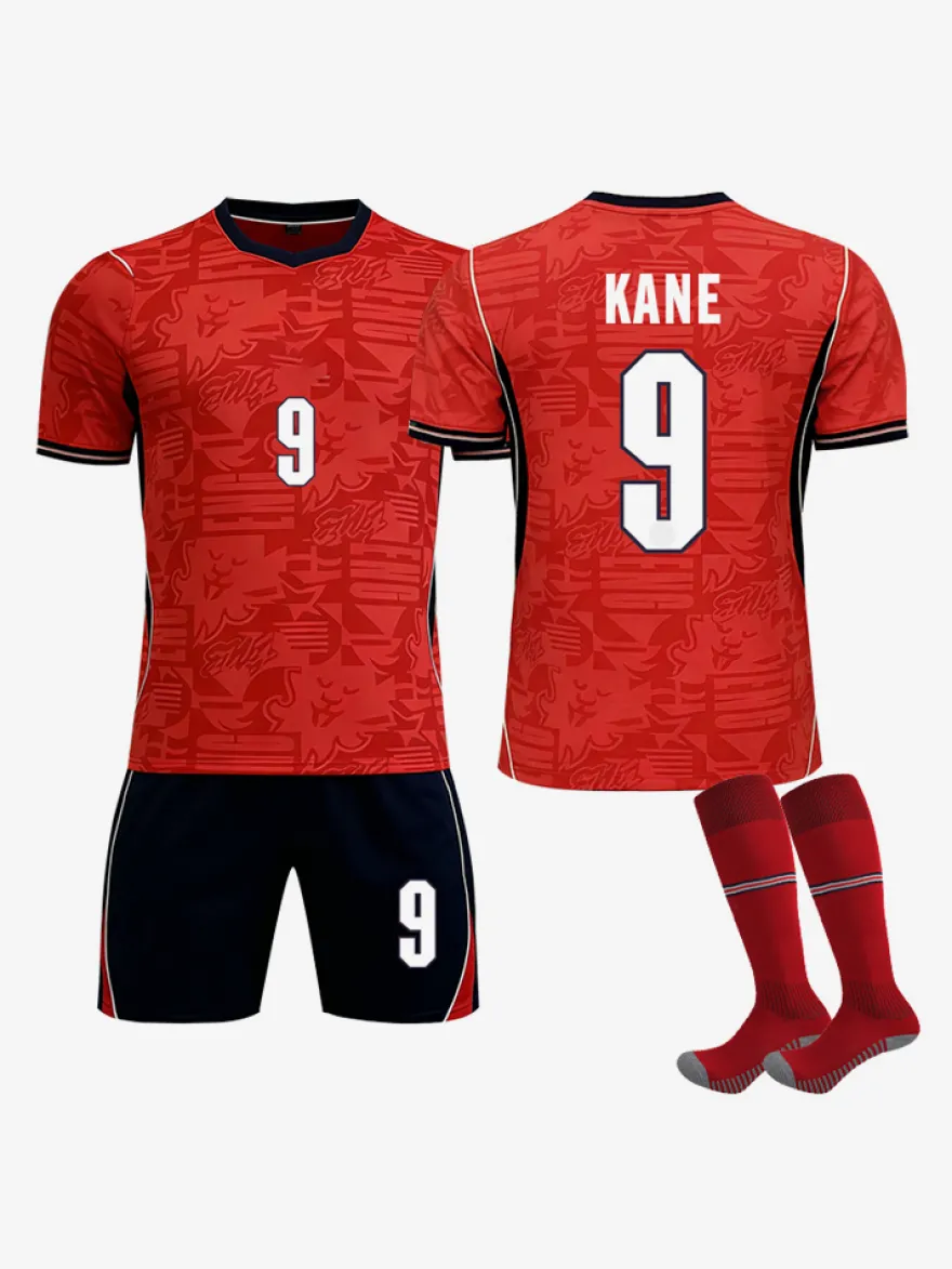 Maillot extérieur rouge 3 pièces de l'équipe d'Angleterre 2026 (n° 9 Kane n° 4 Rice) pour adultes et enfants.
