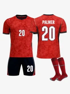 Maillot extérieur rouge 3 pièces de l'équipe d'Angleterre 2026 (n° 9 Kane n° 4 Rice) pour adultes et enfants.