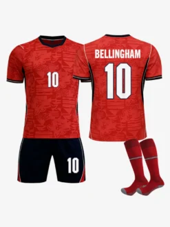Maillot extérieur rouge 3 pièces de l'équipe d'Angleterre 2026 (n° 9 Kane n° 4 Rice) pour adultes et enfants.