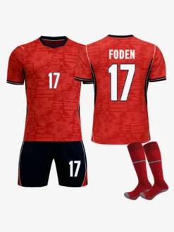 Maillot extérieur rouge 3 pièces de l'équipe d'Angleterre 2026 (n° 9 Kane n° 4 Rice) pour adultes et enfants.