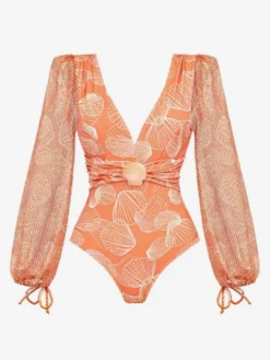 Maillots de bain bleus chics à lacets col en V manches longues bouffantes